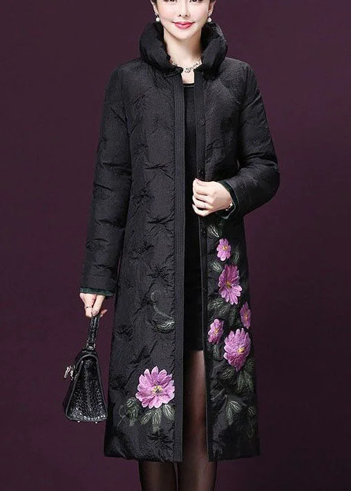 Weekend Comfort Wear French Black Stand Collar Print Duck Down Down Coat Winter