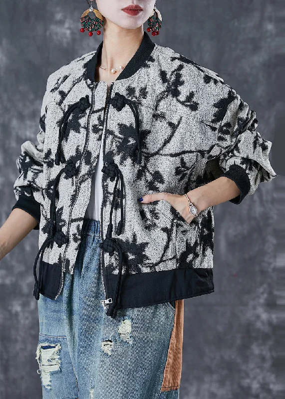 Breezy Style French Black Tasseled Print Cotton Jackets Fall