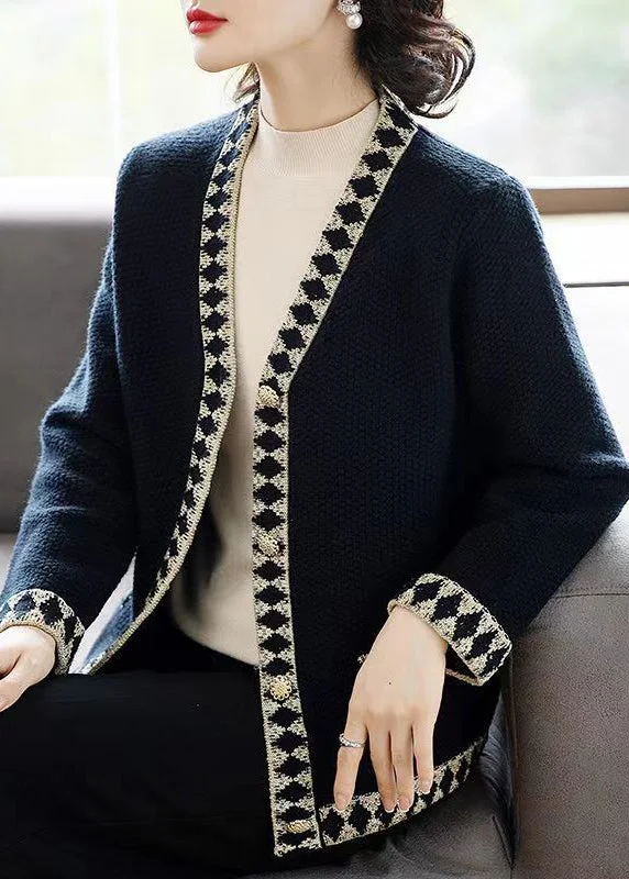 Comfortable Jackets French Black V Neck Button Patchwork Knit Coats Fall