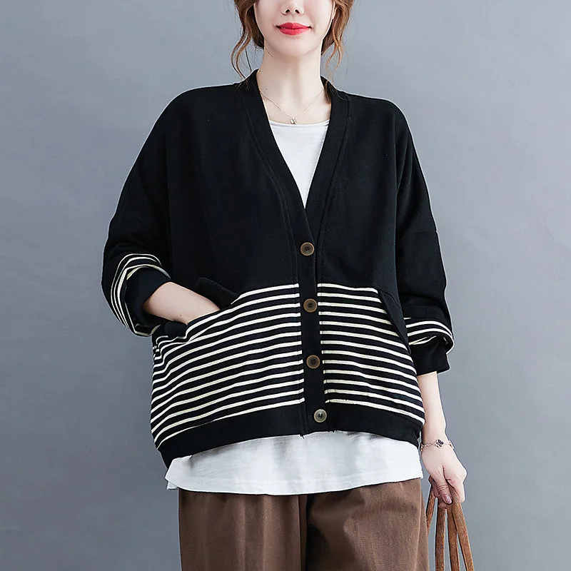 Comfortable Lounge Wear French Black V Neck Pockets Striped Patchwork Coats Long Sleeve Comfortable Lounge Wear French Black V Neck Pockets Striped Patchwork Coats Long Sleeve