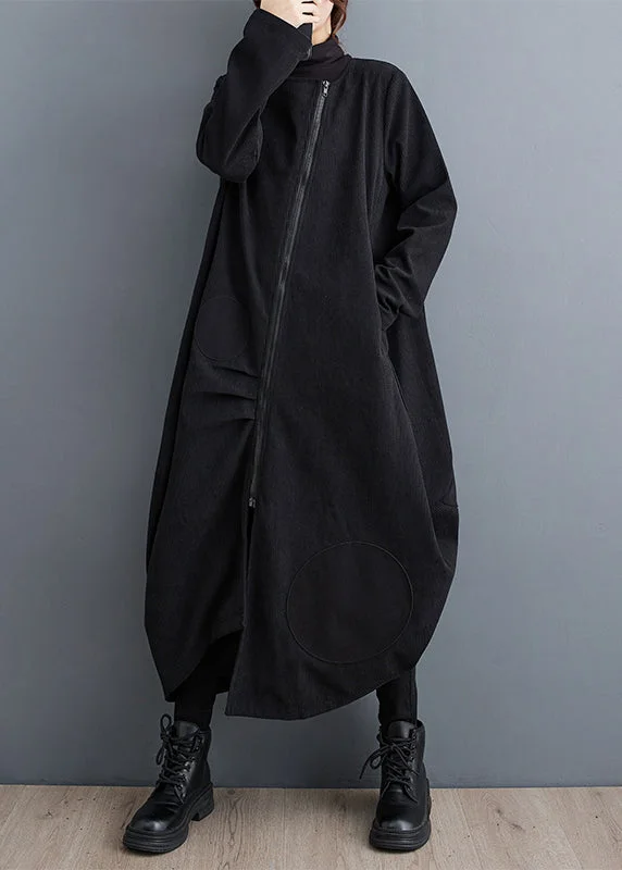 Versatile Wear French Black Zip Up Pockets Patchwork Cotton Long Coats Fall
