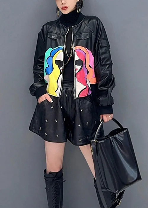 Summer Comfort French Black Zip Up Print Patchwork Faux Leather Coats Long Sleeve