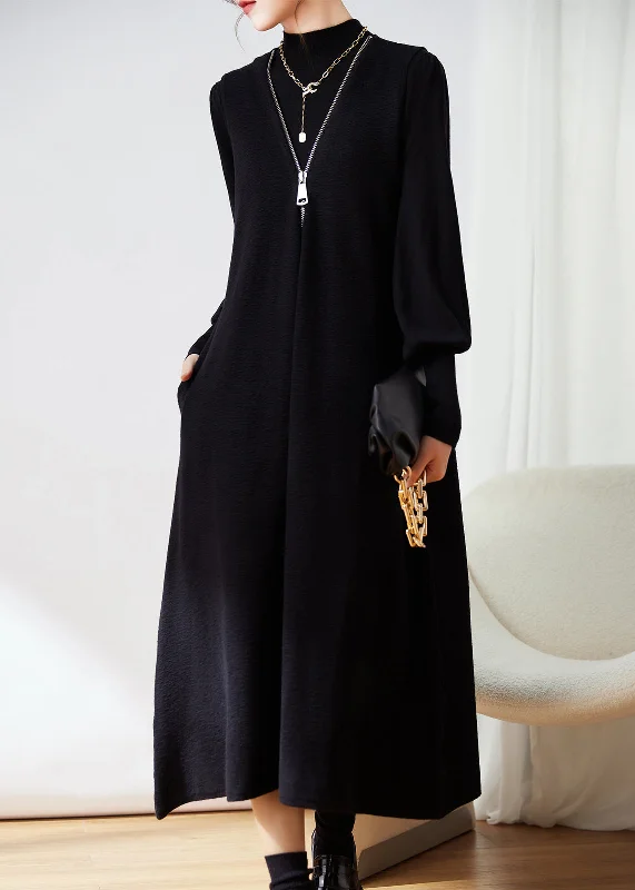 Stylish Comfort French Black Zippered Waistcoat Dresses And Top Knit Two-Piece Set Winter