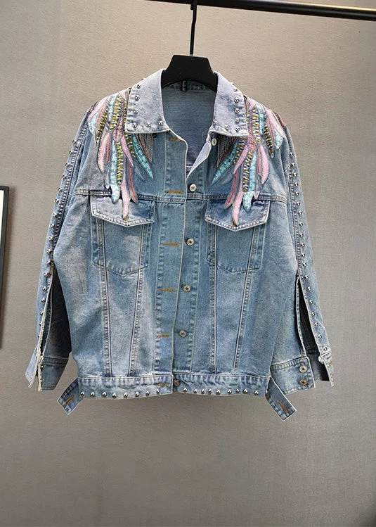 Fashion Comfort French Blue Peter Pan Collar Embroideried Patchwork Tassel Cotton Denim Coat Long Sleeve Fashion Comfort French Blue Peter Pan Collar Embroideried Patchwork Tassel Cotton Denim Coat Long Sleeve