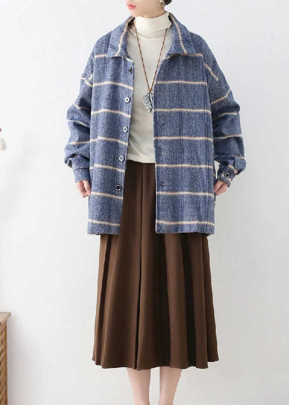 Soft Feel French Blue Peter Pan Collar Plaid Button Woolen Coats Fall