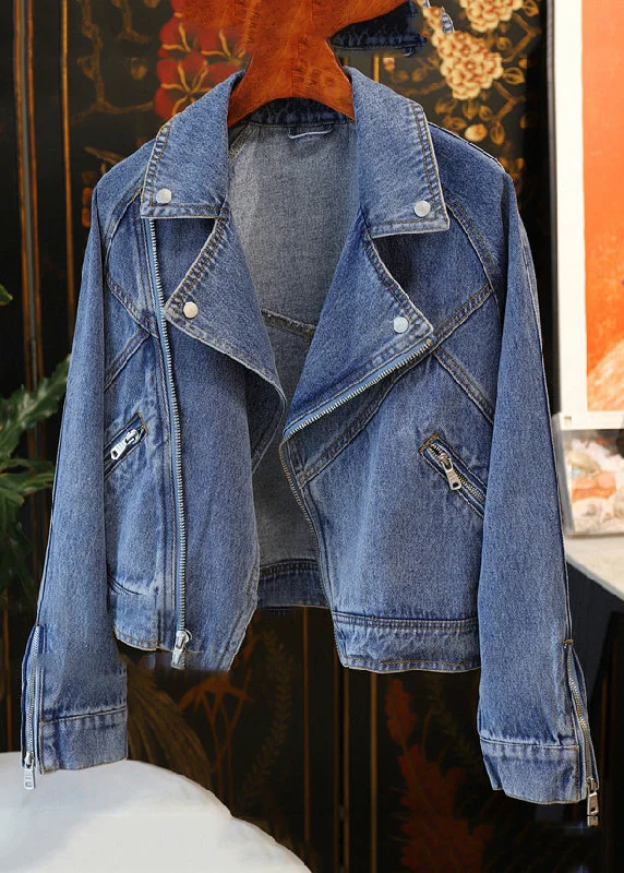 Cozy Vibes French Blue Peter Pan Collar Zip Up Patchwork Denim Coat Fall