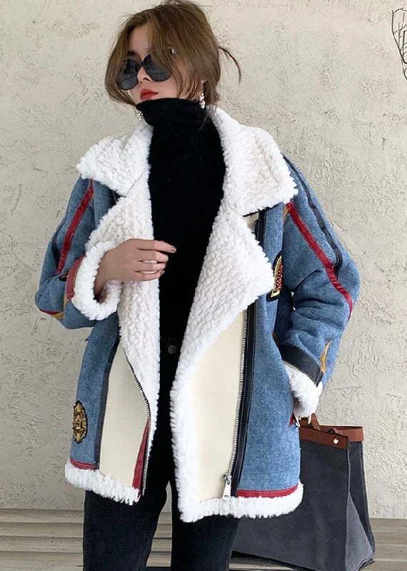 Casual Comfort Wear French Blue Zip Up denim Patchwork Faux Fur Winter Coat