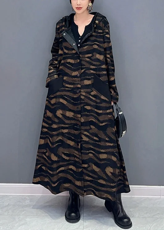 Effortless Comfort French Brown Hooded Print Button Cotton Long Trench Coat Fall