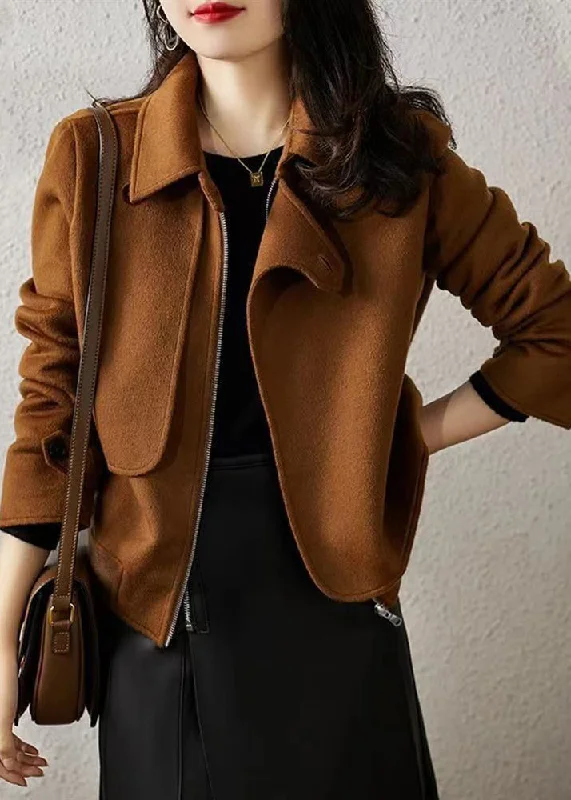 Cozy Pants French Brown Zip Up Button Patchwork Woolen Coats Fall