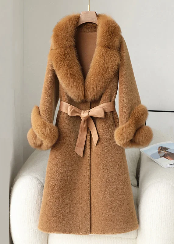 Smart Casuals French Coffee Button Pockets Patchwork Fuzzy Fur Coat Winter