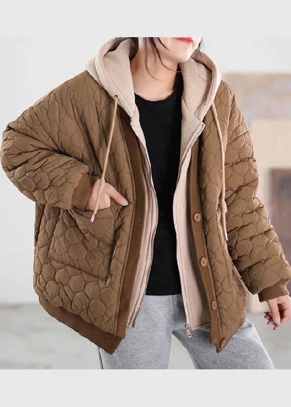 Relaxed Weekend Wear French Coffee Hooded Patchwork Fine Cotton Filled Winter Coats Relaxed Weekend Wear French Coffee Hooded Patchwork Fine Cotton Filled Winter Coats