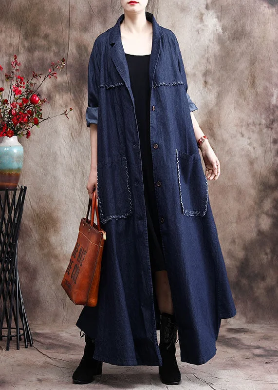 American Style French Denim Blue Peter Pan Collar Patchwork Tassel Cotton Trench Coats Long Sleeve American Style French Denim Blue Peter Pan Collar Patchwork Tassel Cotton Trench Coats Long Sleeve