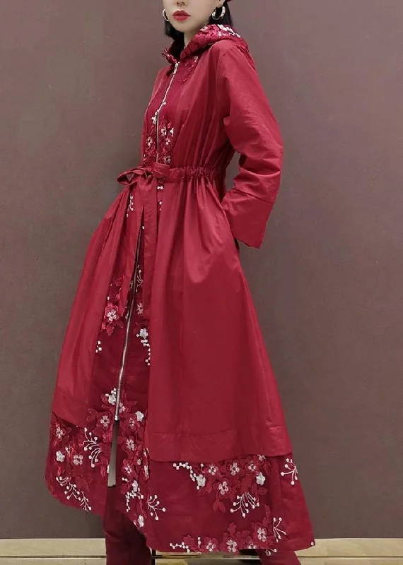 Comfortable Wear French Hooded Fine Spring Clothes For Women Red Embroidery Art Coats Comfortable Wear French Hooded Fine Spring Clothes For Women Red Embroidery Art Coats