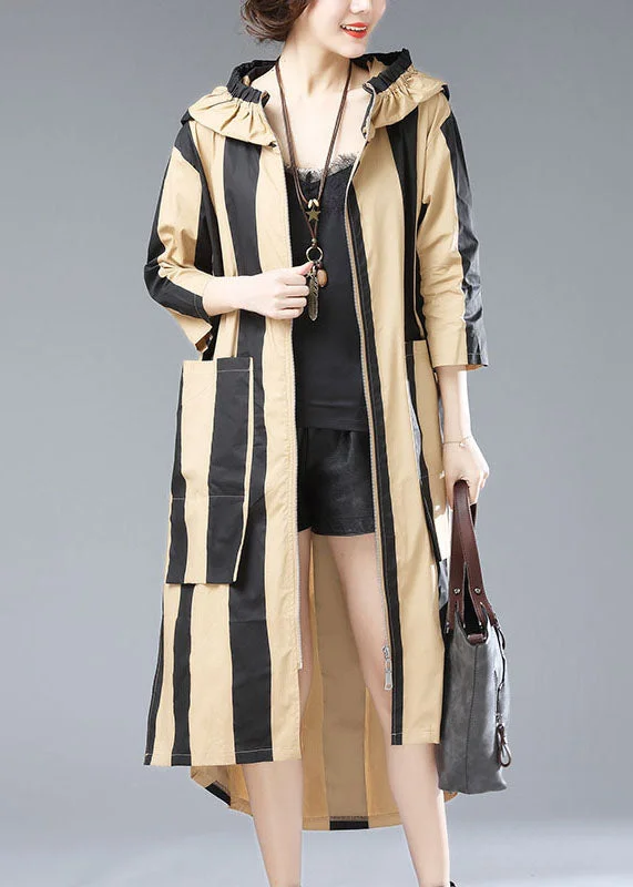Breathable Design French Khaki Hooded Striped Pockets Patchwork Cotton Long Trench Coats Fall Breathable Design French Khaki Hooded Striped Pockets Patchwork Cotton Long Trench Coats Fall