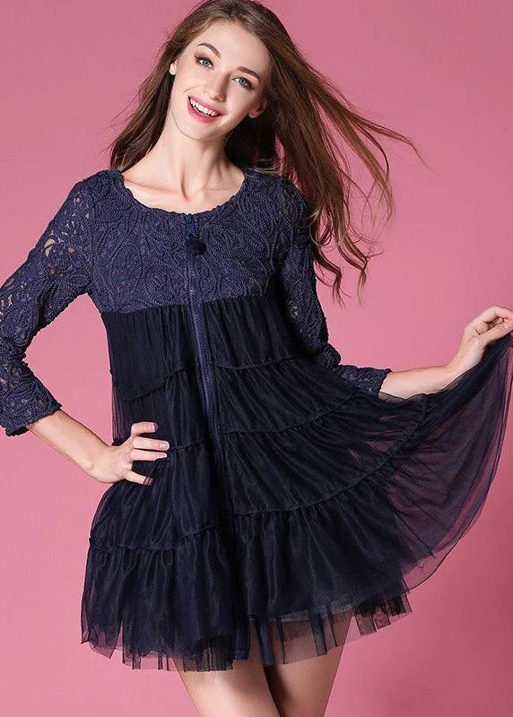 Fashionable In The Times French Navy O-Neck Lace Patchwork Hollow Out Tulle Coat Bracelet Sleeve Fashionable In The Times French Navy O-Neck Lace Patchwork Hollow Out Tulle Coat Bracelet Sleeve