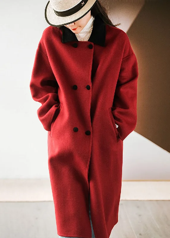 Lace Design French Red Colorblock Peter Pan Collar Patchwork Double Breast Woolen Coats Winter Lace Design French Red Colorblock Peter Pan Collar Patchwork Double Breast Woolen Coats Winter