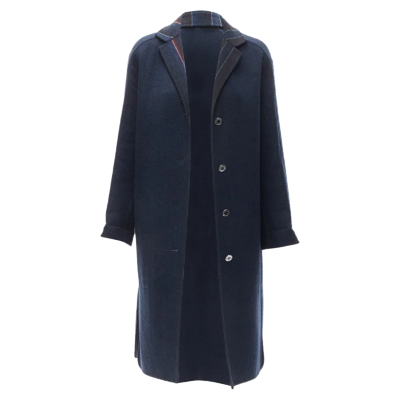 Minimal Classic Hermes Double Faced Virgin Wool Cashmere Stripe Lining Maxi Coat