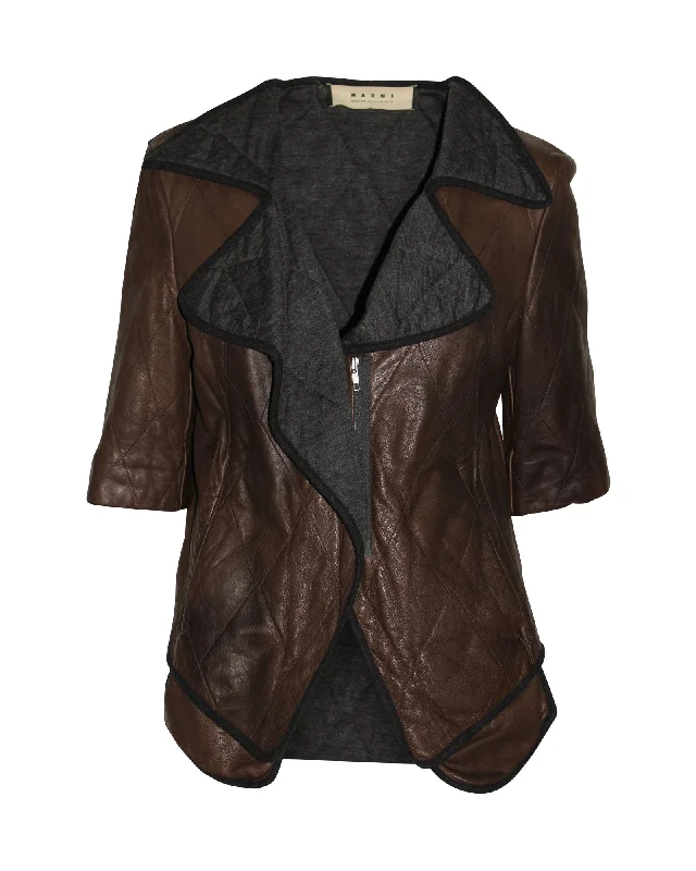 Cozy Footwear Marni Two-Tone Oversized Lapel Quilted Jacket in Brown Sheepskin Leather Cozy Footwear Marni Two-Tone Oversized Lapel Quilted Jacket in Brown Sheepskin Leather