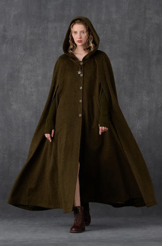 Soft Layers Parini 33 | Maxi Hooded wool coat cloak in olive
