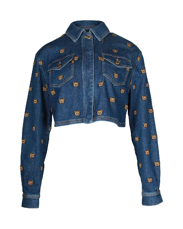 Effortless Looks Moschino Teddy Bear Embroidered Denim Jacket In Blue Cotton