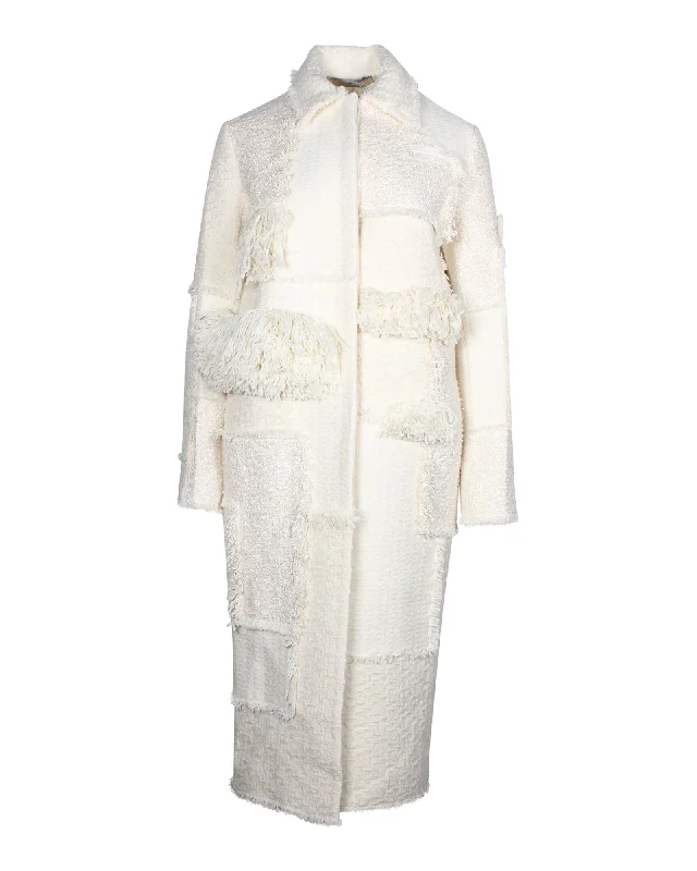 Street Charm Nina Ricci Fringe Paneled Long Coat in Ecru Wool