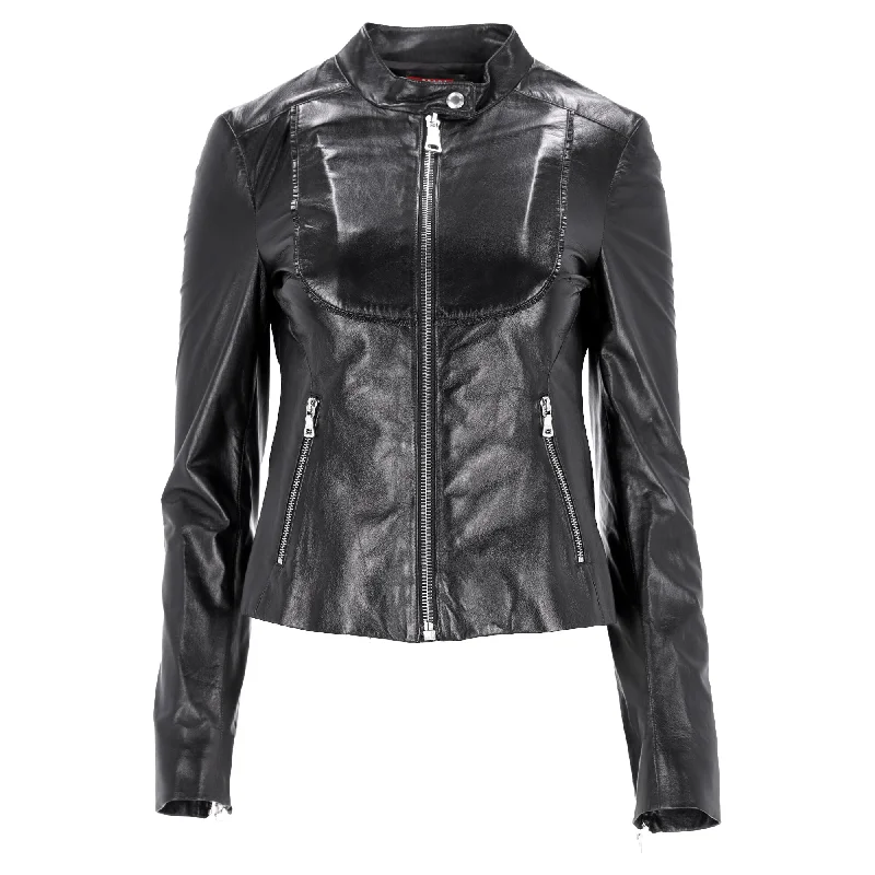 Casual Comfort Prada Zipped Biker Jackets with Pockets in Black Leather