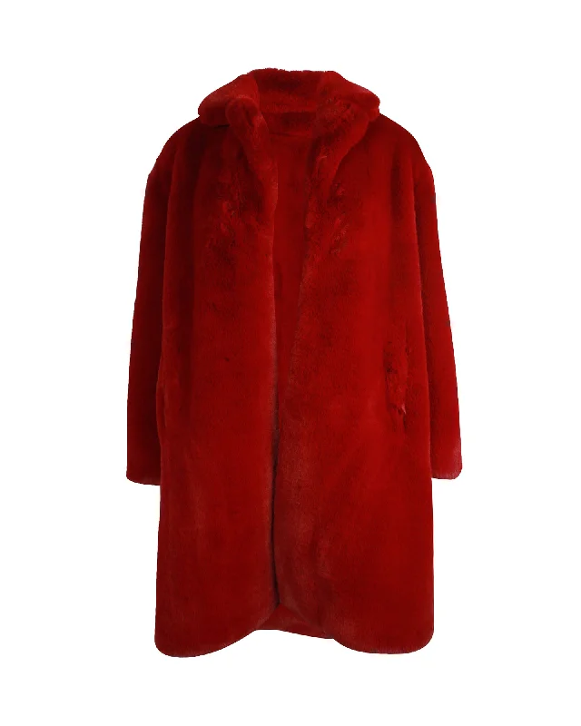 Classic Retro Sandro Thick Long Coat in Red Faux Fur Polyester