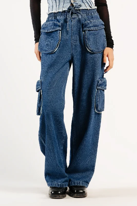 Classic Design Denim Contrast Piping Cargo Pants
