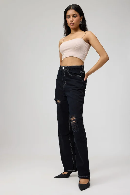 Stretch Design Black High-Rise Distressed Straight Leg Jeans