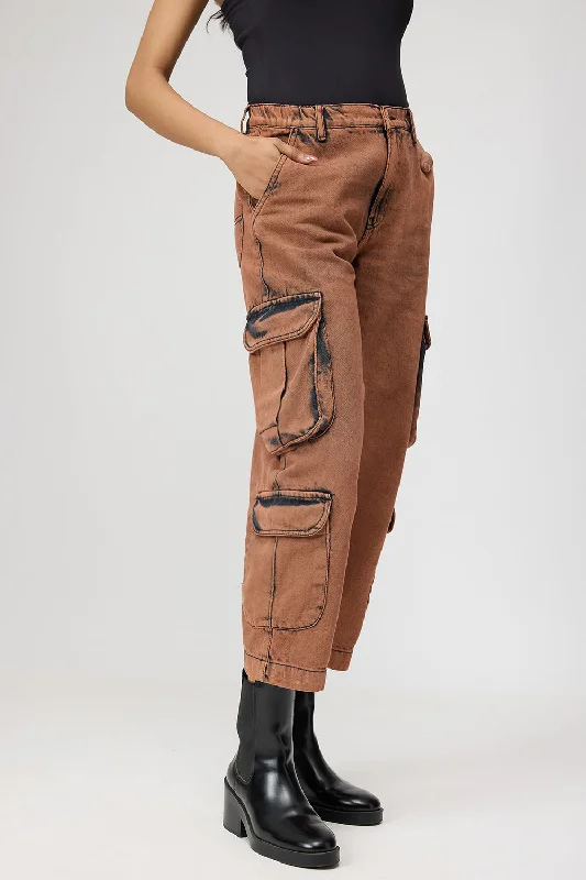 Fresh And Capable Brown Washed Cropped Cargo Jeans