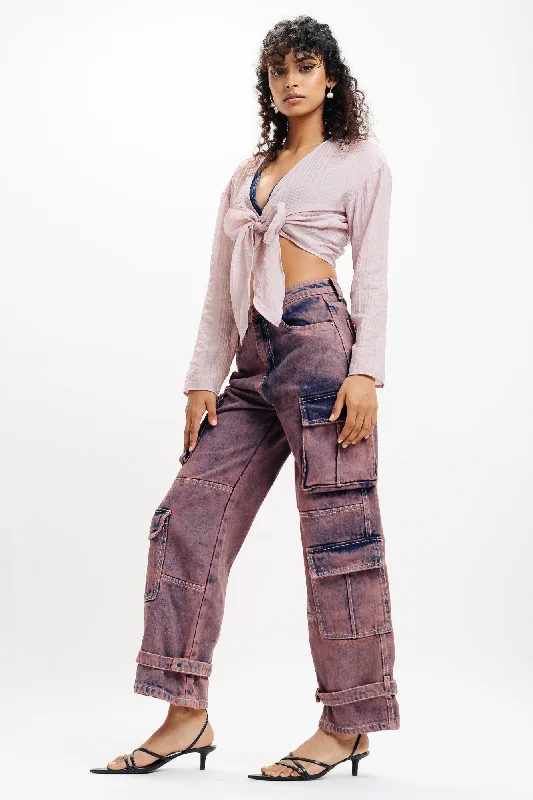 Casual Style Denim Scarlet Tinted Cargo Jeans
