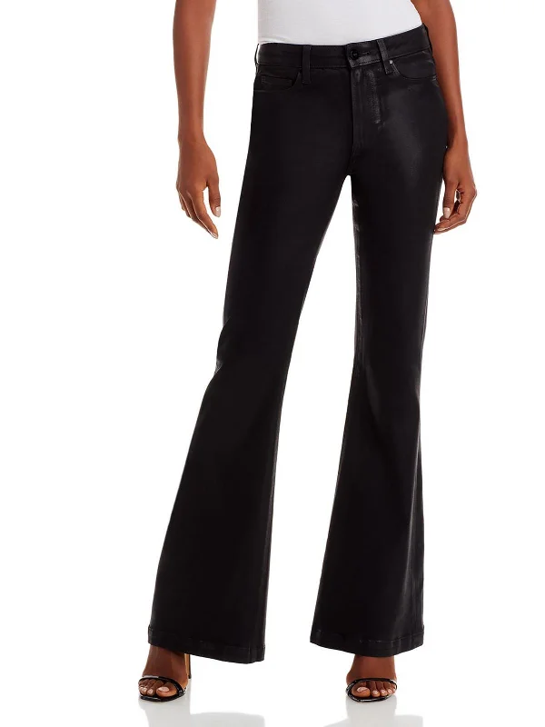Unique Prints Genevieve Womens Mid-Rise Coated Flare Jeans