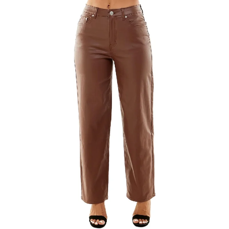 Feminine Charm Juniors Womens High Rise Faux Leather Wide Leg Jeans