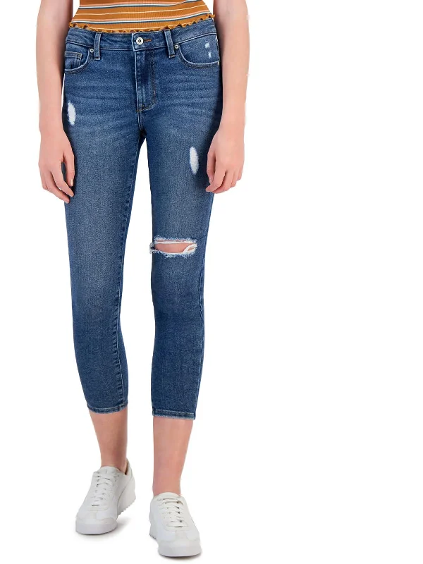 Floral Prints Juniors Womens Mid Rise Destroyed Ankle Jeans