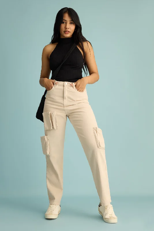 College Style Latte Utility Straight Leg Jeans