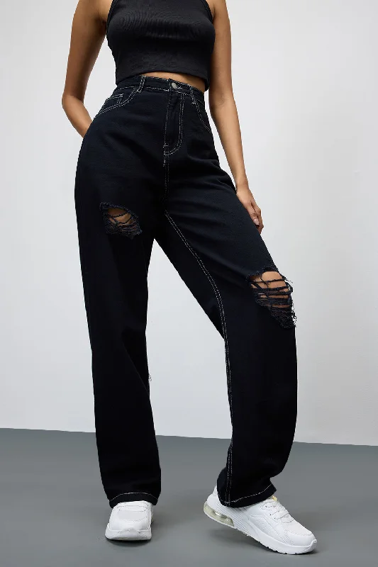 Goddess Style Shadow Black Ripped Straight Leg Denim Jeans
