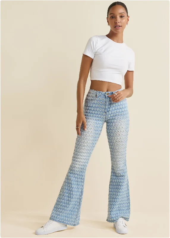 Party Wear Laser Flare Leg Jeans - Light Wash