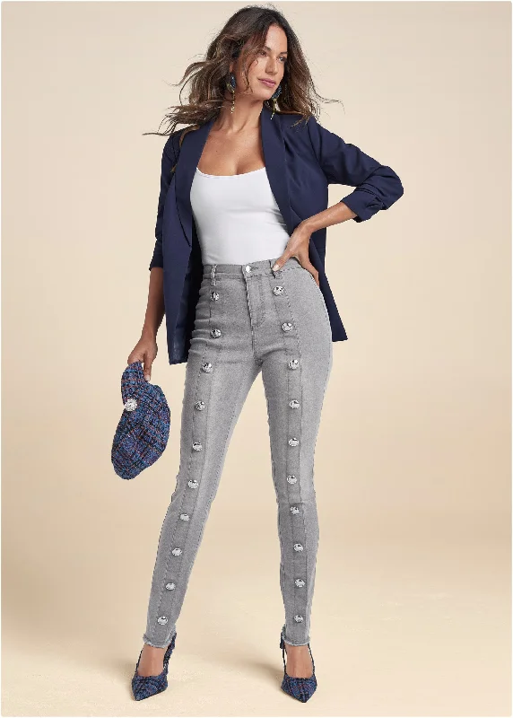 Timeless Comfort High Rise Button Detail Skinny Jeans - Grey Denim