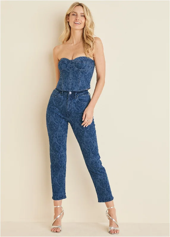 Free And Comfortable Lace Print Straight Jeans - Medium Wash