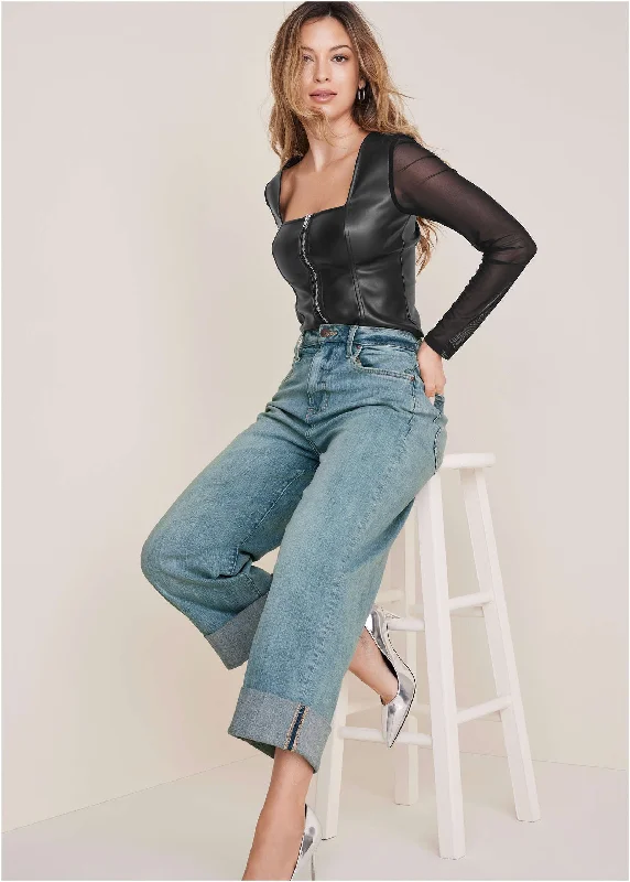 Spring Fashion Rolled Hem Wide Leg Jeans - Light Wash