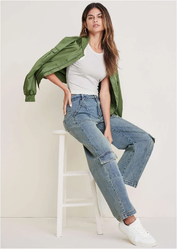 Classic Color Cargo Wide Leg Jean - Light Wash