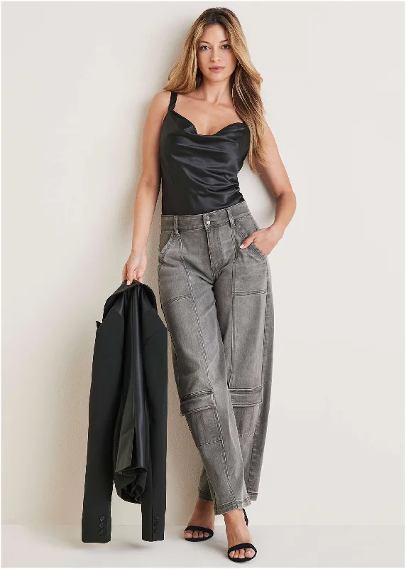 Ethnic Style Cargo Wide Leg Jeans - Grey Wash