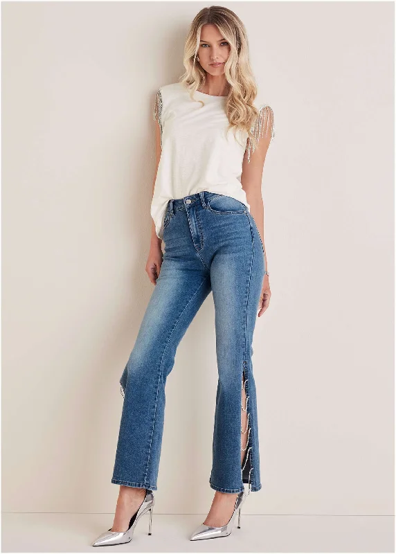French Style Rhinestone Flare Jeans  - Medium Wash