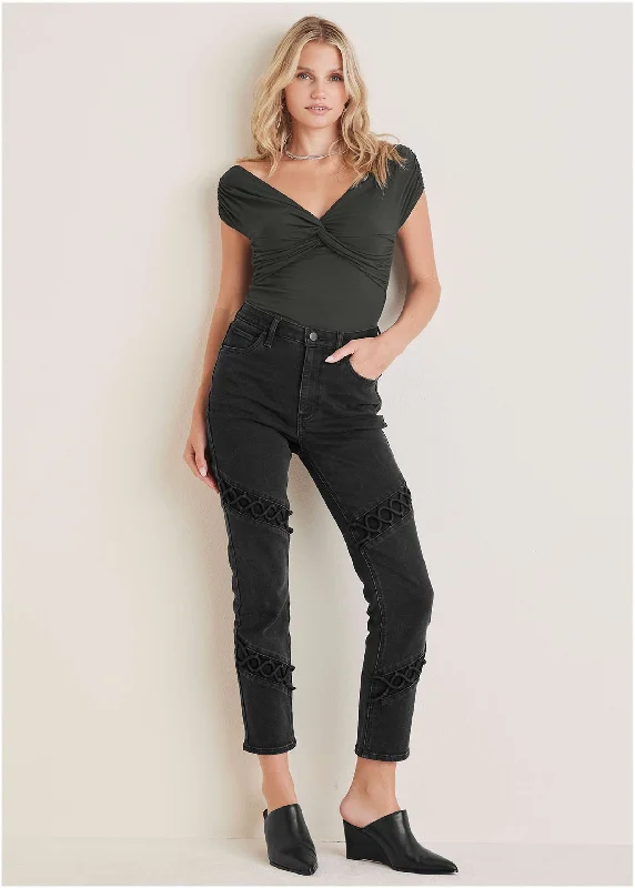 Casual Fit Braided Straight Leg Jeans - Black Wash