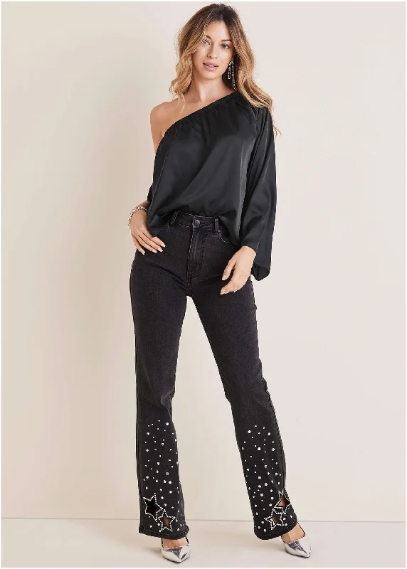 Soft Textures Rhinestone Embellished Jeans - Black Wash