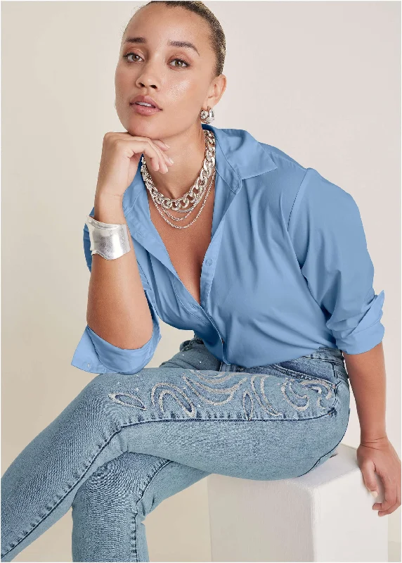Comfortable Mind Rhinestone Embroidered Jean - Light Wash