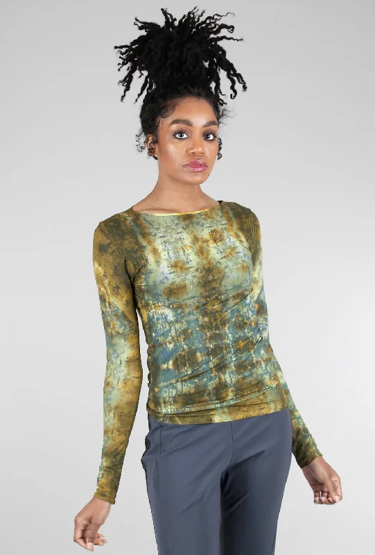 Trendy Wear Raw Edge Second Skin Print Top, Hidden Marble/Olive