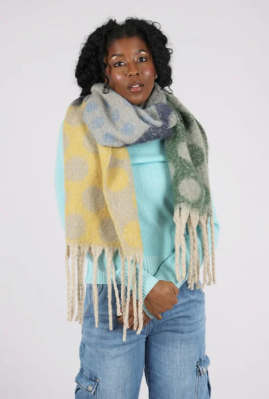 Versatile Itinerary Oversize Polka Dot Patchwork Scarf, Green/Yellow
