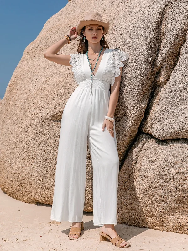 Free And Comfortable Lace Detail Plunge Cap Sleeve Jumpsuit