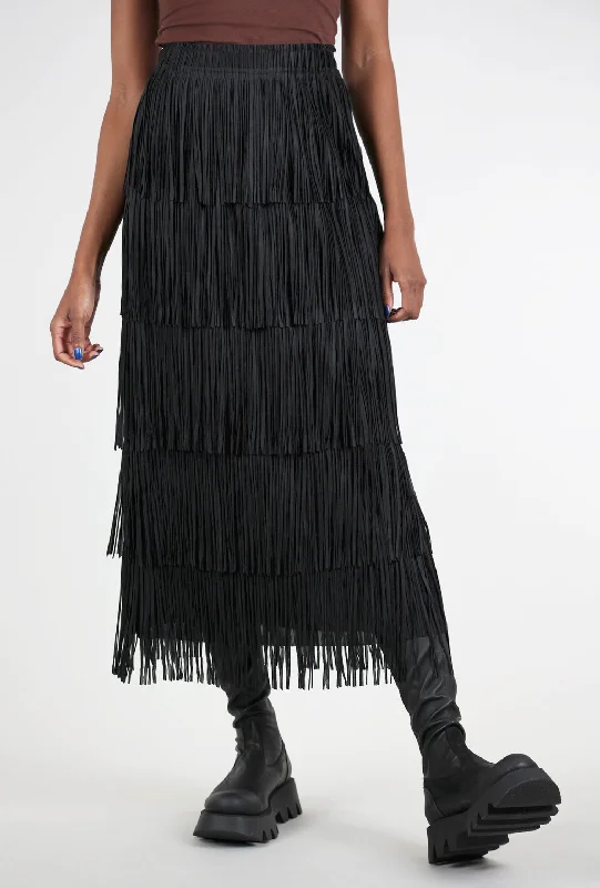 Age-reducing Style Layered Fringe Tiered Skirt, Black